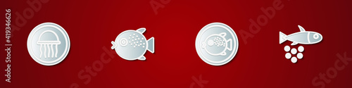 Set Jellyfish on a plate, Puffer, and Fish with caviar icon. Vector.