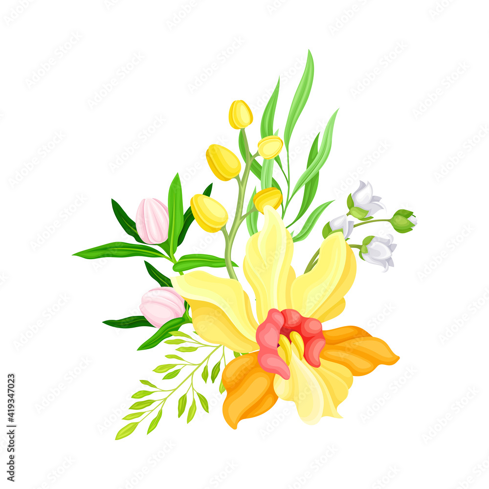 Yellow Orchid Bloom with Labellum and Floral Branches Vector Illustration