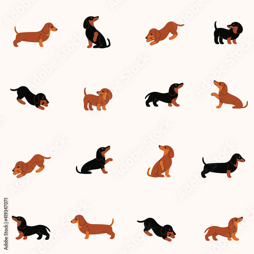 Cartoon happy dachshund - simple trendy pattern with dogs. Flat vector illustration for prints, clothing, packaging and postcards. 