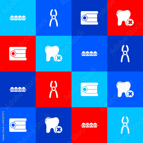 Set Teeth with braces, Dental pliers, Dentures model and Tooth caries icon. Vector.