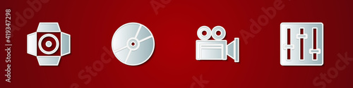 Set Movie spotlight, CD or DVD disk, Cinema camera and Sound mixer controller icon. Vector.