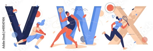Sport letters with women characters training and running. V for volleyball, W for water polo and x for xare game. Educational collection with female characters