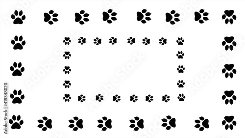 Frame paw print of animal. Cat steps are drawn to decorate the background.