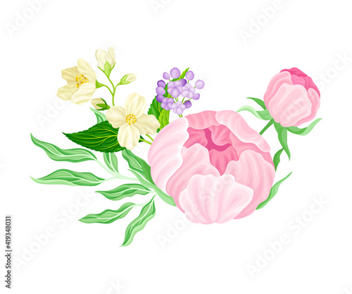 Purple Lush Peony Flower Arranged with Garden Flora Vector Illustration