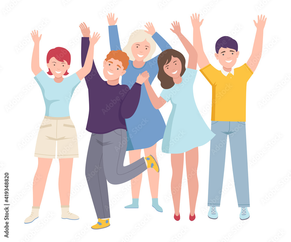 Group of Joyful People Characters Up with Hands Cheering About Something Vector Illustration