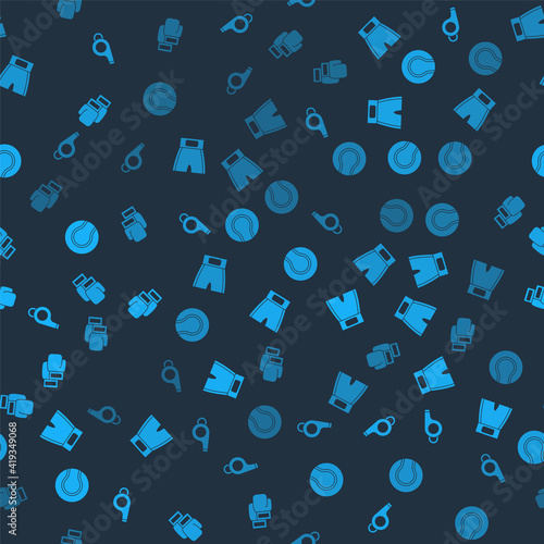 Set Whistle, Boxing short, Tennis ball and glove on seamless pattern. Vector.