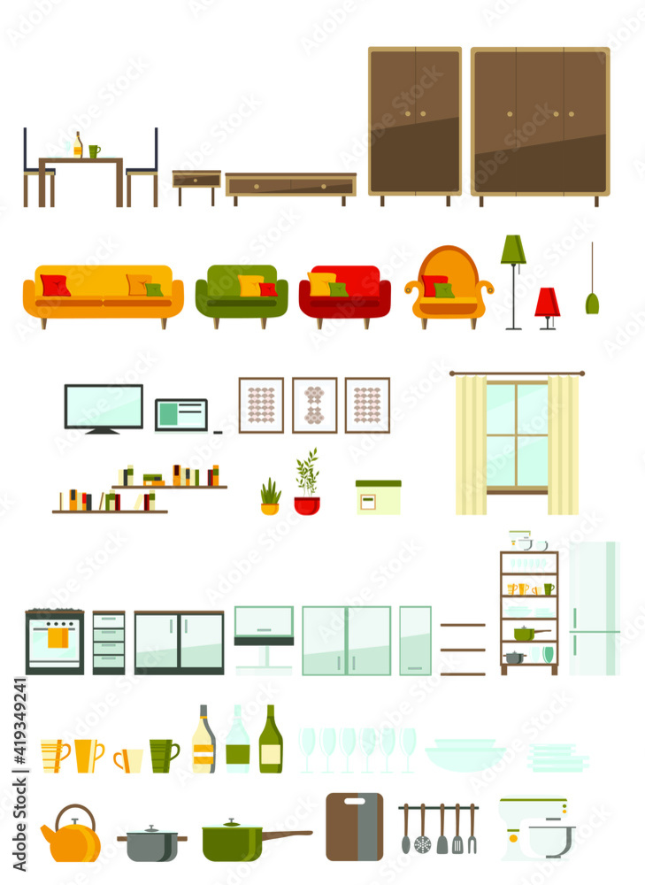 living room and kitchen furniture set, vector flat illustration	