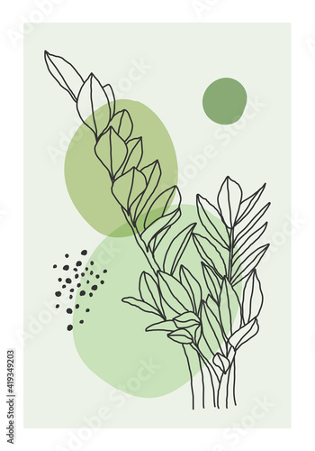 Minimalist botanical line art composition with leaves abstract collage