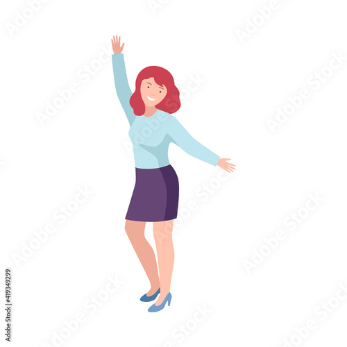 Joyful Woman Up with Hands Cheering About Something Vector Illustration