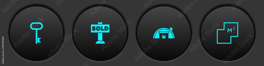 Set House key, Hanging sign with text Sold, Warehouse and plan icon. Vector. Set House key, Hanging sign with text Sold, Warehouse and plan icon. Vector.