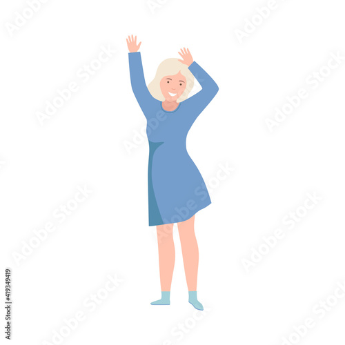 Excited Blond Woman Up with Hands Cheering About Something Vector Illustration