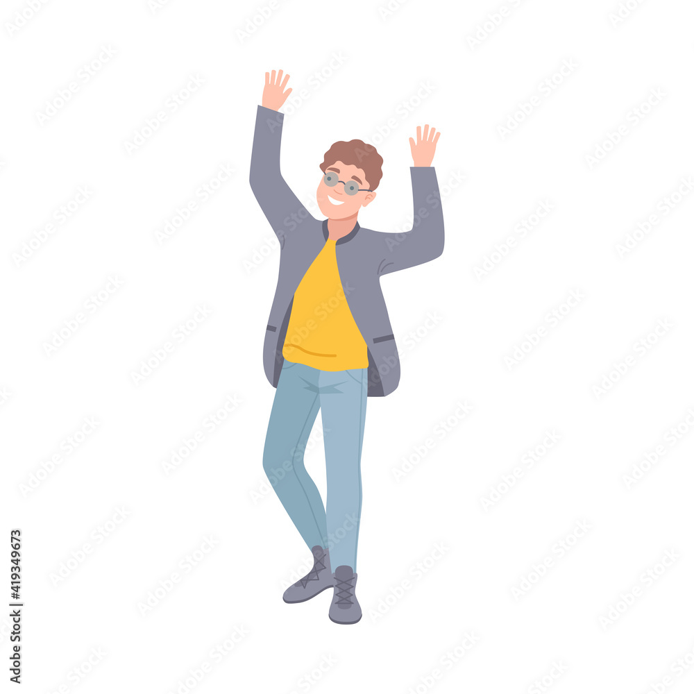 Young Man in Glasses Standing with Raising Hands Celebrating Success Vector Illustration