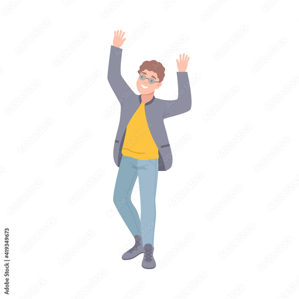 Young Man in Glasses Standing with Raising Hands Celebrating Success Vector Illustration Young Man in Glasses Standing with Raising Hands Celebrating Success Vector Illustration