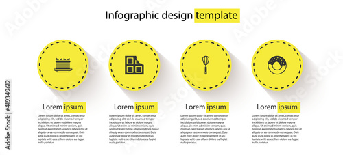 Set Cake, Chocolate bar, Kitchen whisk and Donut. Business infographic template. Vector.