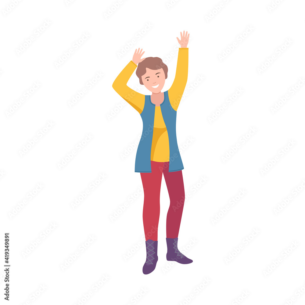Happy Woman Standing Raising Up Hands Cheering About Something Vector Illustration Happy Woman Standing Raising Up Hands Cheering About Something Vector Illustration