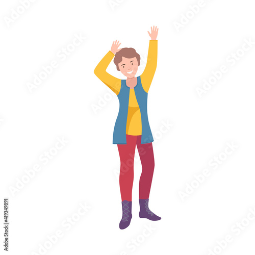Happy Woman Standing Raising Up Hands Cheering About Something Vector Illustration