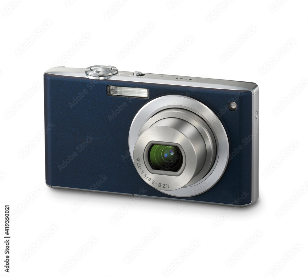 Digital compact camera on white background