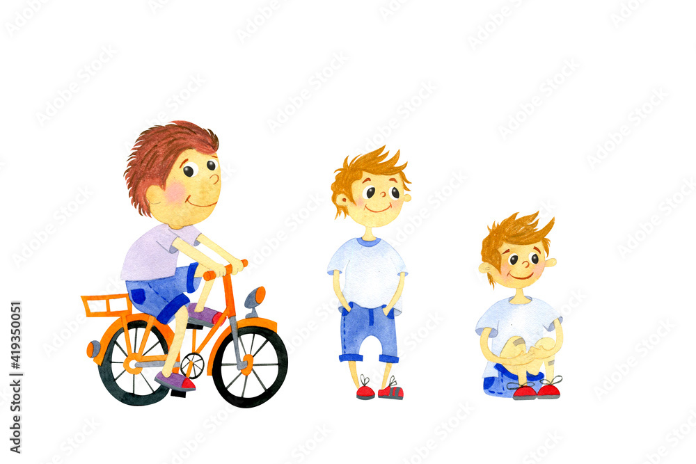 Cute kids in a white T-shirt, blue shorts and red sneakers on a bicycle, stands, sits hand-drawn in watercolor and isolated on a white background. Collection of drawn children Cute kids in a white T-shirt, blue shorts and red sneakers on a bicycle, stands, sits hand-drawn in watercolor and isolated on a white background. Collection of drawn children
