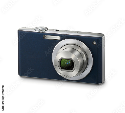 Digital compact camera on white background