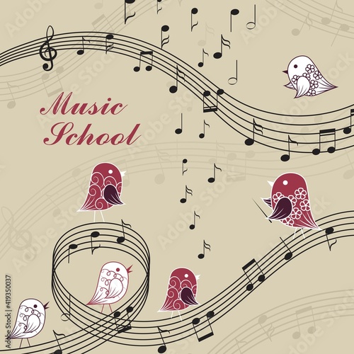 Vector illustration of singing birds and musical elements