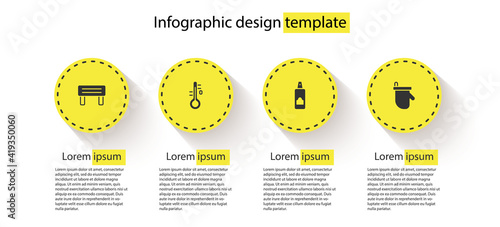 Set Sauna wood bench, thermometer, Spray can for hairspray and mittens. Business infographic template. Vector.