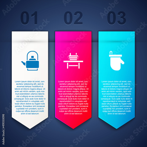 Set Kettle with handle, Sauna bench bucket and mittens. Business infographic template. Vector.