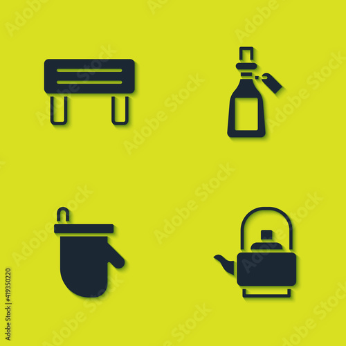 Set Sauna wood bench, Kettle with handle, mittens and Essential oil bottle icon. Vector.