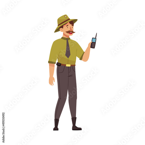 Moustached Man as Park Ranger in Khaki Hat Holding Walkie-talkie Protecting and Preserving National Parkland Vector Illustration