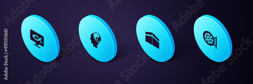 Set Isometric Dharma wheel, Kaaba mosque, Yin Yang and Christian fish icon. Vector.