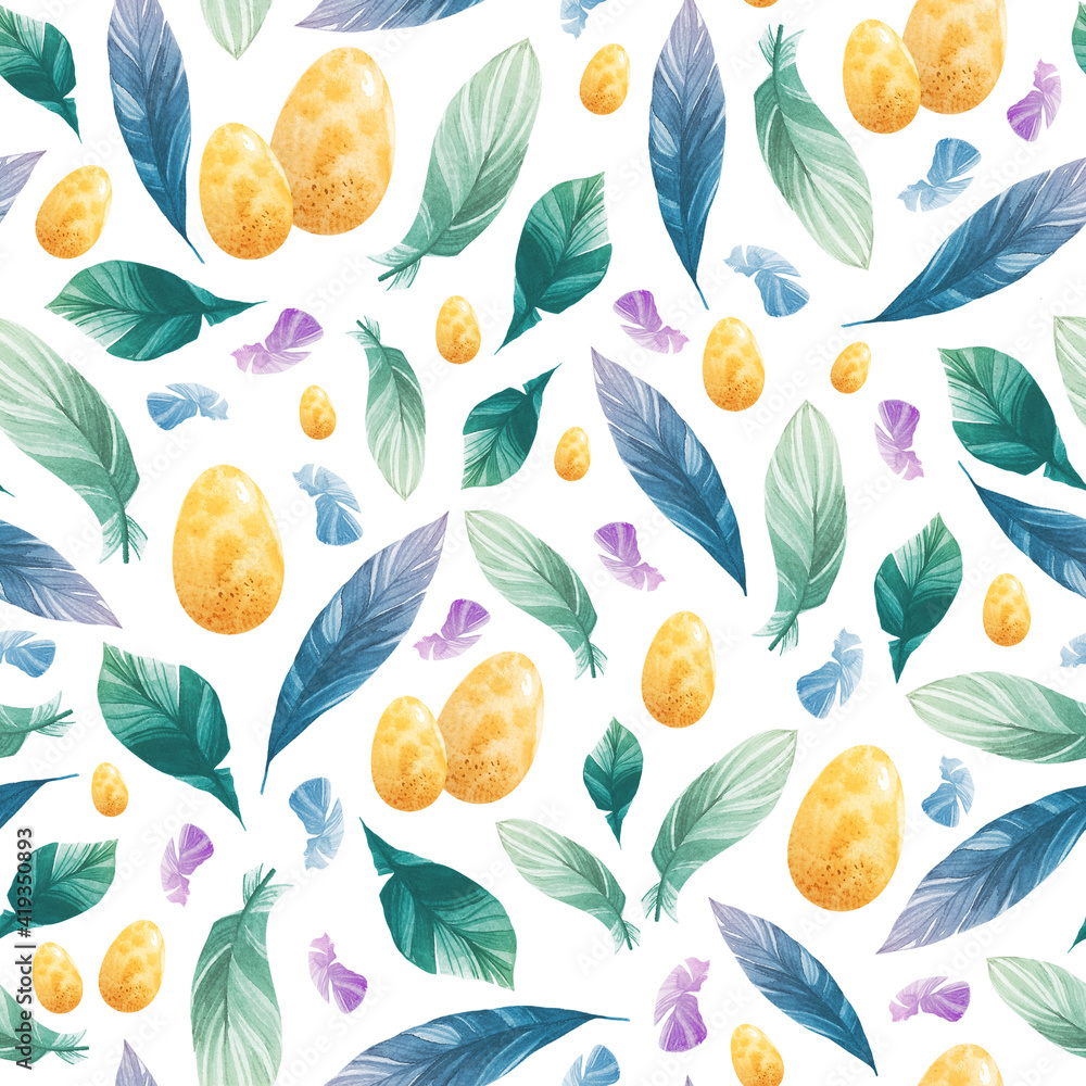 Watercolor seamless pattern with blue feathers and yellow bird eggs. Illustration on a white background drawn by hand. Spring Easter theme. Watercolor seamless pattern with blue feathers and yellow bird eggs. Illustration on a white background drawn by hand. Spring Easter theme.