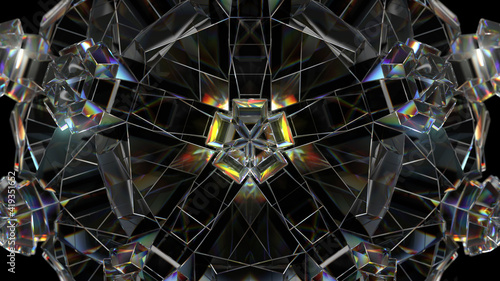 Glass kaleidoscope design. Dispersion fractal  black background.