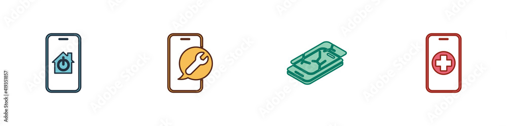 Set Mobile with smart home, service, broken screen and Phone repair icon. Vector. Set Mobile with smart home, service, broken screen and Phone repair icon. Vector.