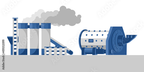 Ball mill and cement processing plant, color image in flat style. Industrial concept, mining and processing industry. Vector illustration