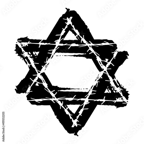 Ink brush and Barbed wire David star. Black grunge israel hebrew icon. Jewish  hanuka symbol on white background. Judaism religion tattoo graphic sketch. Vector illustration