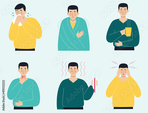 A set of sick men. Virus, headache, fever, cough, runny nose. The concept of viral diseases, coronavirus, epidemics, covid-19, colds. Illustration in flat style