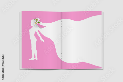 Young girl white dress silhouette, white lily flower with pink ribbon in hair. Woman fashion open magazine design with empty place. Vector illustration