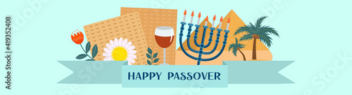 Passover banner. Pesach template for your design with matzah and spring flowers. Happy Passover inscription. Jewish holiday background. Vector illustration.