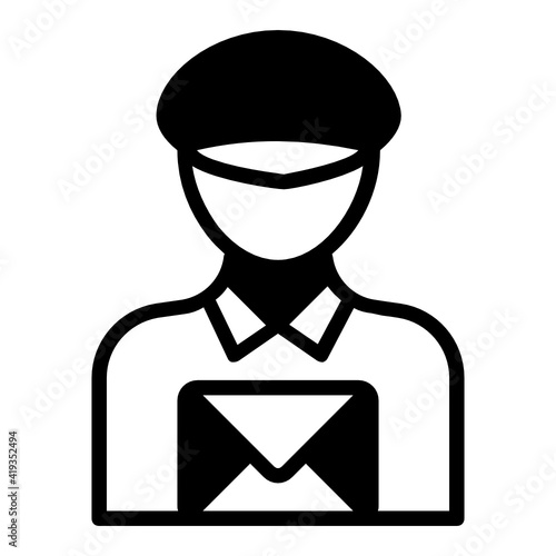 Postie Vector Glyph Icon Design, postal service symbol on white background, physically transporting postcards and parcels Sign, Courier and Shipping Services Stock illustration, Mail carrier Concept,