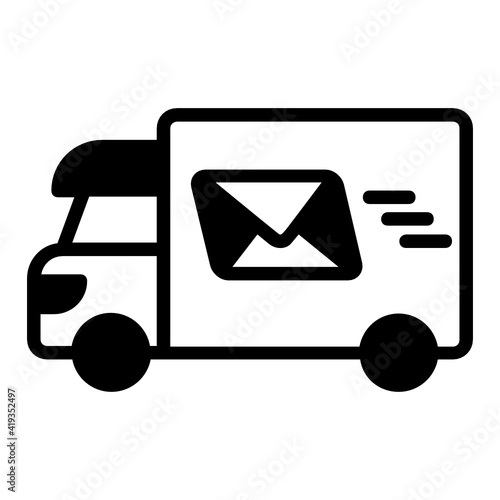 Mail delivery van Concept, moving letter lorry transport Vector Glyph Icon Design, postal service symbol, physically transporting postcard and parcel Sign, Courier and Shipping Services illustration