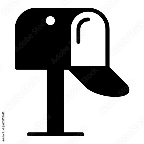 Open Mailbox Concept Vector Glyph Icon Design, postal service symbol on white background, physically transporting postcards and parcels Sign, Courier and Shipping Services Stock illustration