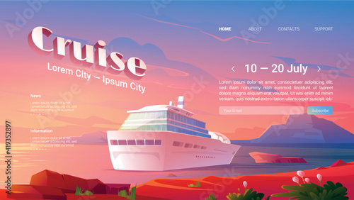 Sea liner cruise cartoon landing page. Invitation to booking ticket on modern ship for travel in ocean, marine journey on luxury sailboat at tropical land, voyage on passenger vessel vector web banner