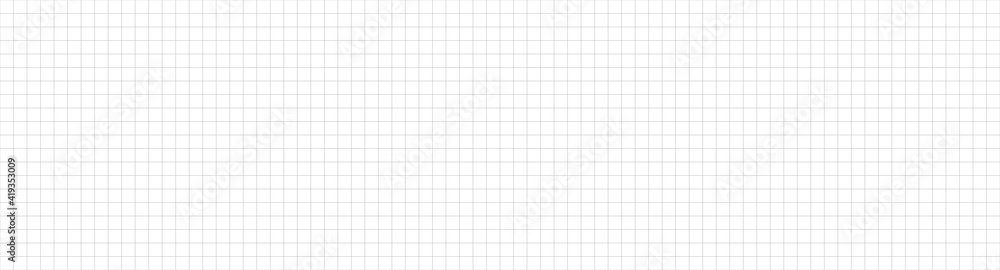 Grid paper long banner. Notebook paper. Grid on white background. Technical architect blank. Graph sketch. Checkered backdrop of map. Printable geometric design elements. Vector illustration