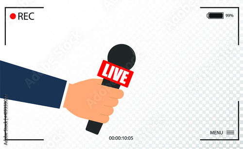 background with camera frame and record or rec vector isolated. focus TV in live news flat design. hand holding mic cartoon. Journalism and Microphone with journalist modern for sport in press