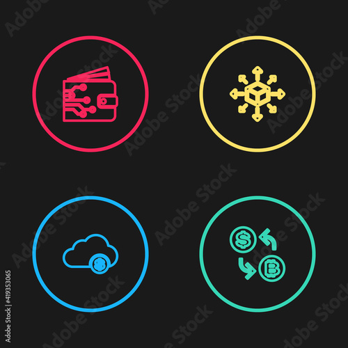 Set line Cryptocurrency cloud mining, exchange, Distribution and wallet icon. Vector.