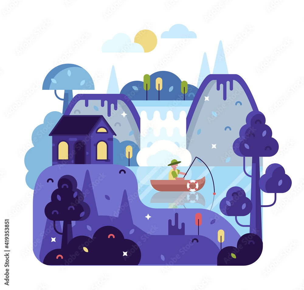 Naklejka premium Illustration in flat cartoon stile, fisherman with a fishing rod in the boat on the river. Forest landscape with lake, house and mountains. Vector cartoon picture 