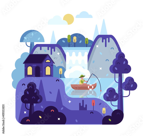 Illustration in flat cartoon stile, fisherman with a fishing rod in the boat on the river. Forest landscape with lake, house and mountains. Vector cartoon picture 