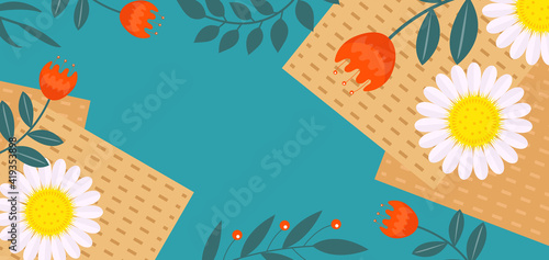 Passover greeting card, poster, invitation, flyer. Pesach template for your design with matzah and spring flowers. Jewish holiday background. Vector illustration.