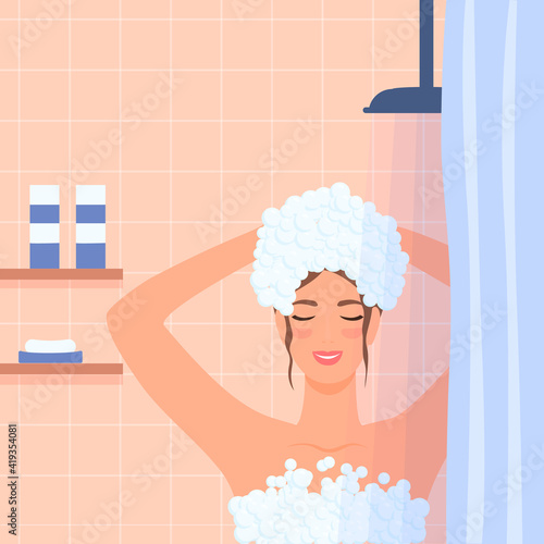 Woman takes a morning shower in bathroom and wash hair.Self care routine. Beautiful girl heroine character. Idea of beauty and hygiene. Isolated vector illustration in cartoon flat style. Concept