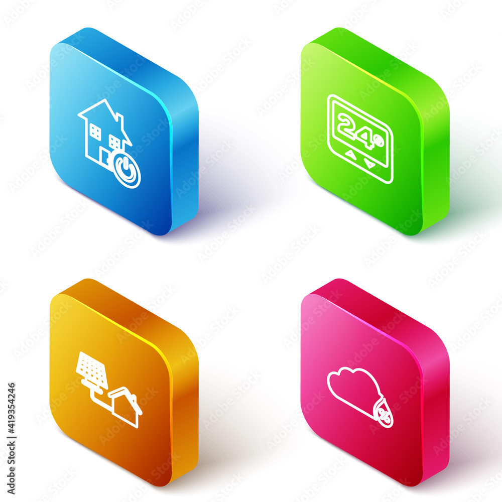 Set Isometric line Smart home, Thermostat, House with solar panel and Humidity icon. Vector. Set Isometric line Smart home, Thermostat, House with solar panel and Humidity icon. Vector.