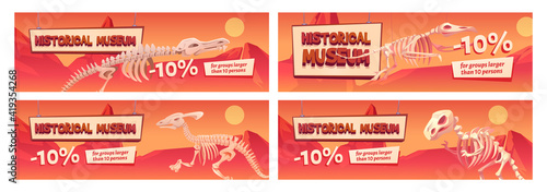 Historical museum promo banner with dinosaur skeletons. Discount coupons with ten percent off for large groups visit. Educational program, prehistory paleontology studying, Cartoon vector flyers set